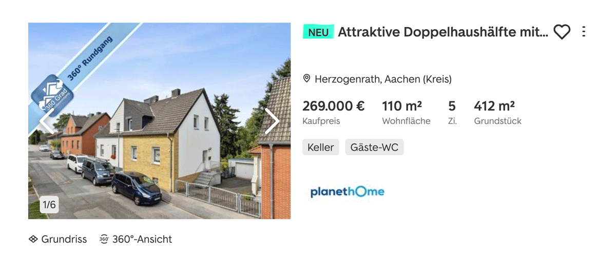 Beispiel für das einbinden von 360 Grad Rundgang bei ImmobilienScout.de
