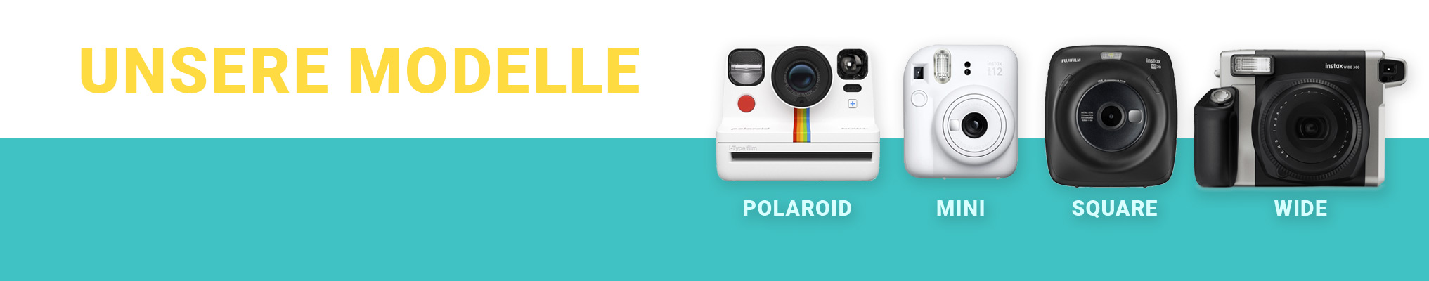 Unsere Polaroid & Instax Kameras zur Miete: Polaroid Now+ i-Type, Instax Mini, Instax Square, Instax Wide