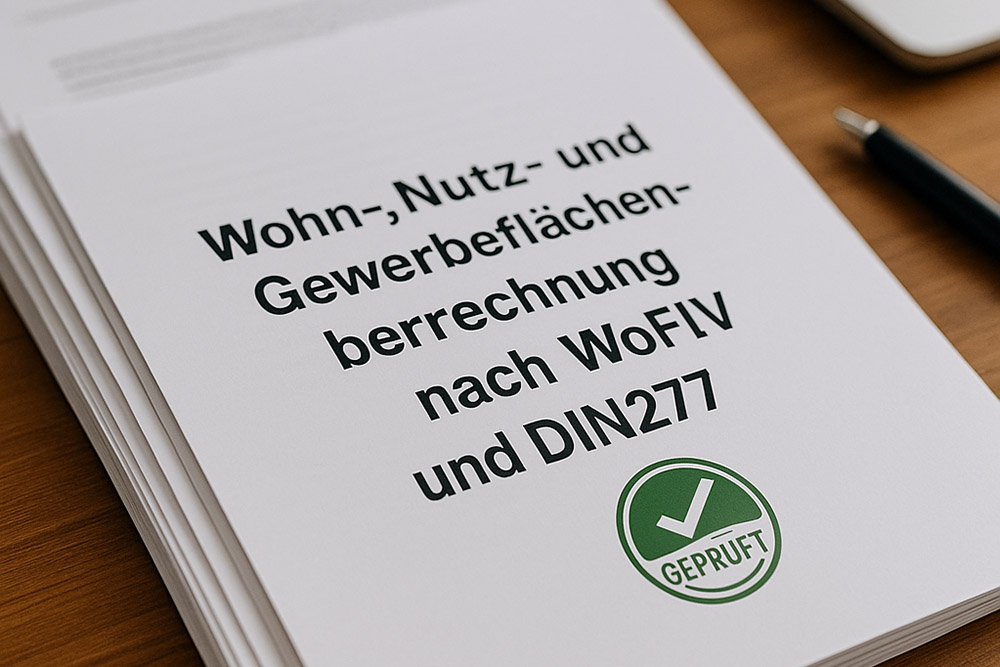 ✓ Nutz-, Gewerbe- und Wohnflächenberechnung nach WoFlV und DIN277 mit Sachverständigen Stempel